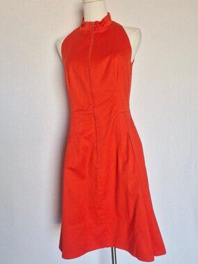 AKRIS Punto Halter Front-Zipper Mini Fit-Flare Dress Stretch Cotton Orange